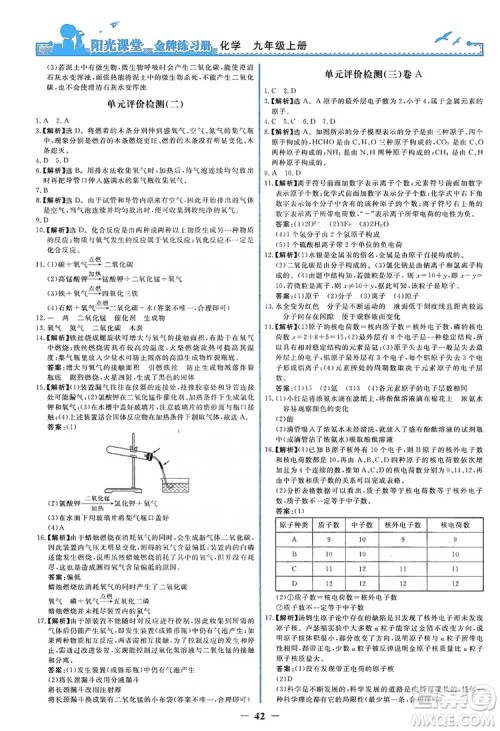 人民教育出版社2019阳光课堂金牌练习册九年级化学上册答案