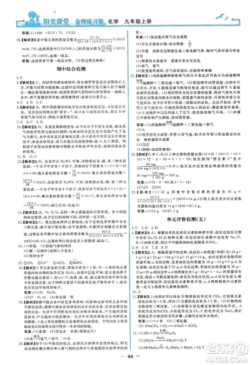 人民教育出版社2019阳光课堂金牌练习册九年级化学上册答案