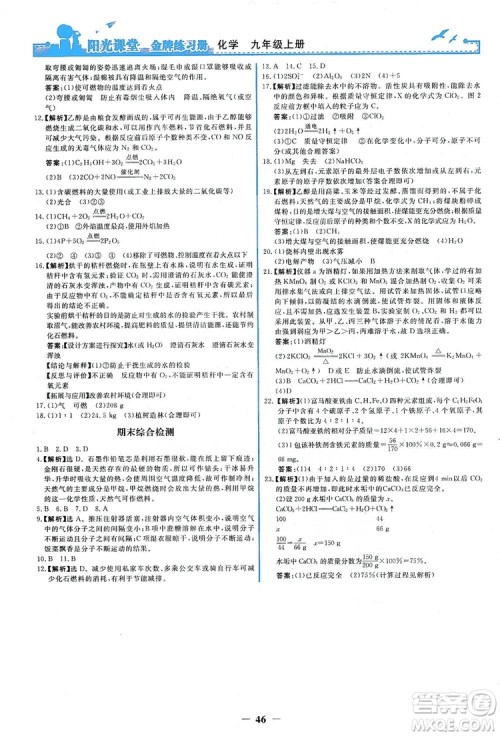 人民教育出版社2019阳光课堂金牌练习册九年级化学上册答案