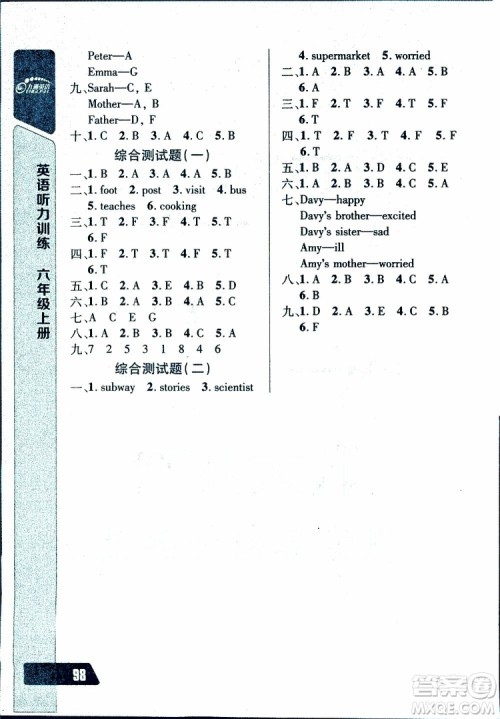 2019新版长江全能学案英语听力训练六年级上册人教版参考答案 2019新版长江全能学案英语听力训练六年级上册人教版参考答案