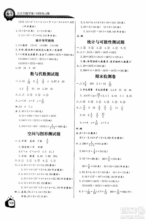 2019年秋长江全能学案六年级上册数学同步练习册人教版参考答案