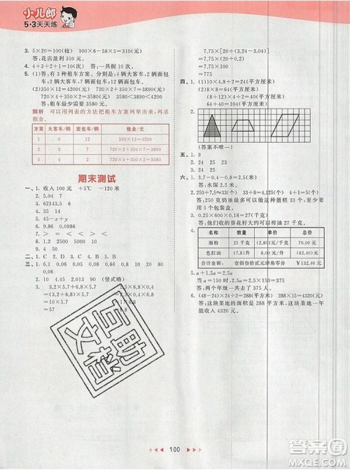 2019年53天天练小学数学五年级上册苏教版参考答案