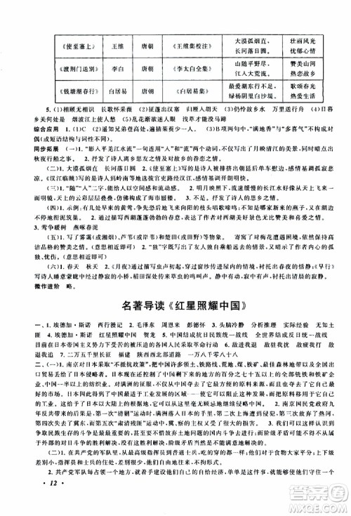 安徽人民出版社2019年拓展与培优八年级上册语文人教版参考答案 安徽人民出版社2019年拓展与培优八年级上册语文人教版参考答案