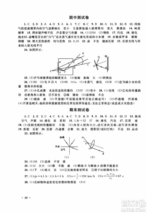 2019年拓展与培优物理八年级上册苏教版参考答案