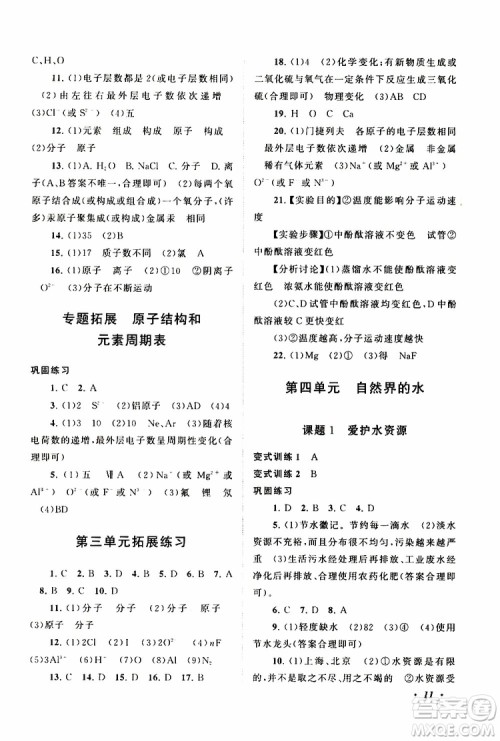 安徽人民出版社2019年拓展与培优九年级上册化学人教版参考答案
