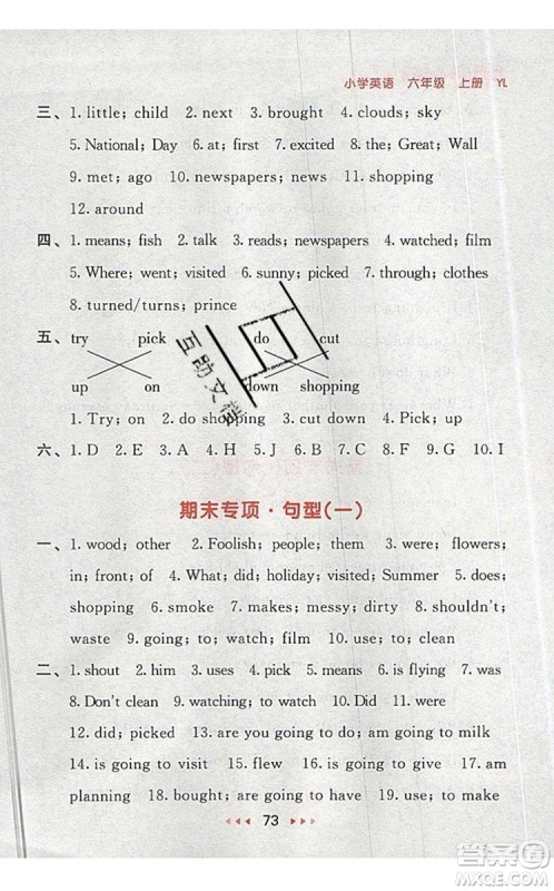 2019年53随堂测小学英语六年级上册译林版参考答案