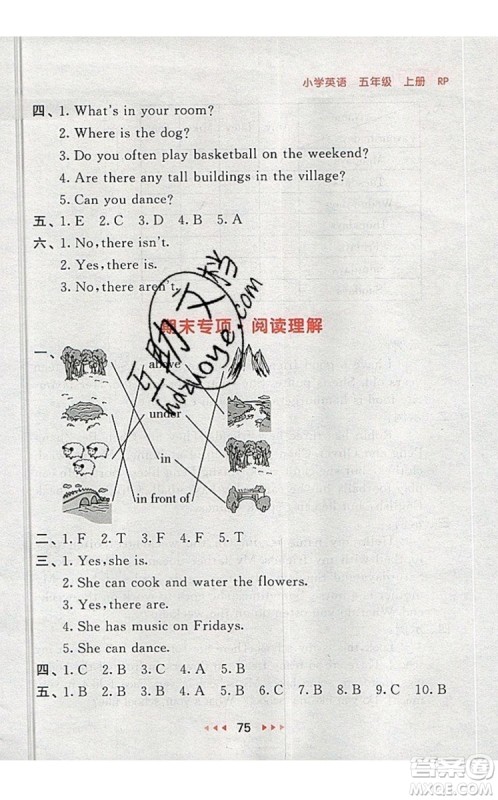 2019年53随堂测小学英语五年级上册人教PEP版参考答案