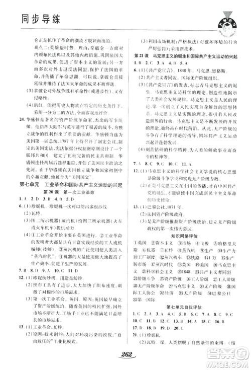 陕西科学技术出版社2019新课标教材同步导练九年级历史全一册答案