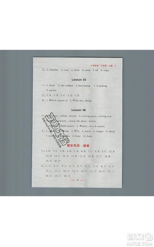 2019年53随堂测小学英语六年级上册精通版参考答案