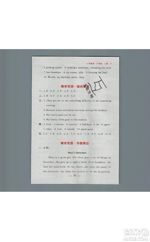 2019年53随堂测小学英语六年级上册精通版参考答案