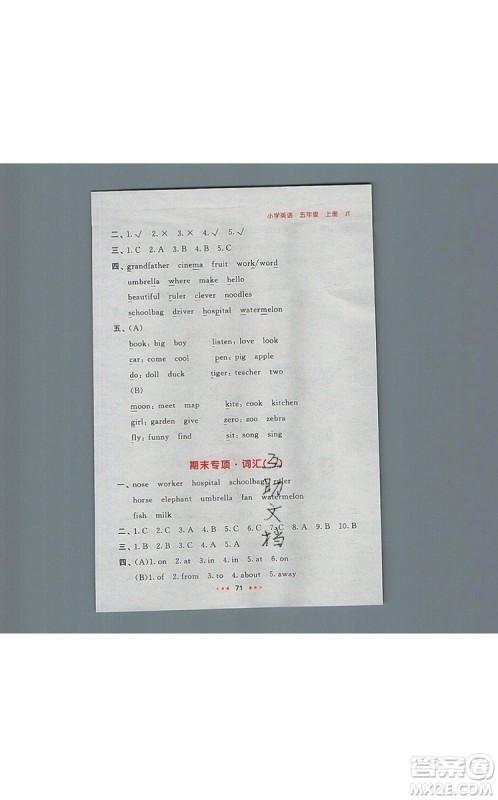 2019年53随堂测小学英语五年级上册精通版参考答案
