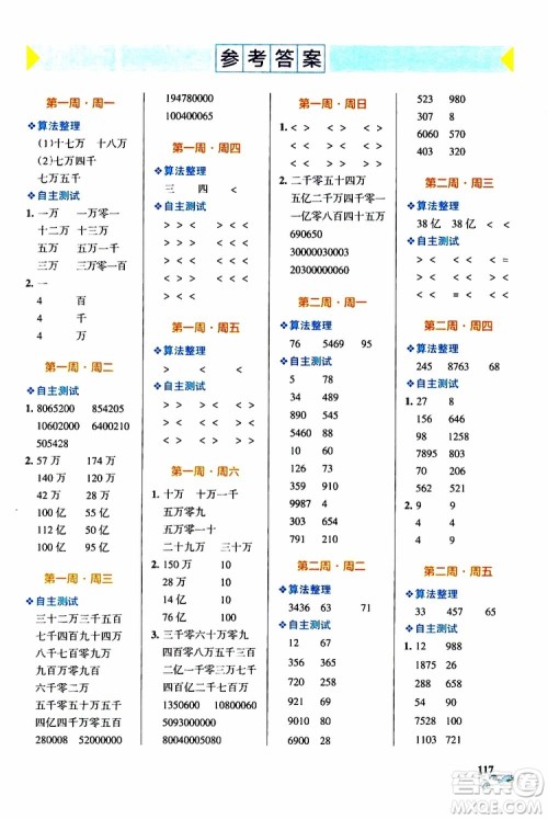 2019年PASS绿卡图书小学学霸天天计算四年级上BS北师版参考答案