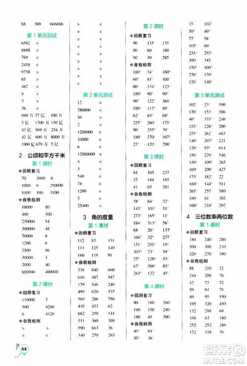 2019年PASS绿卡图书小学学霸口算四年级上RJ人教版参考答案