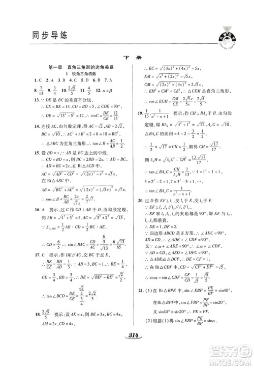 陕西科学技术出版社2019新课标教材同步导练九年级数学全一册答案