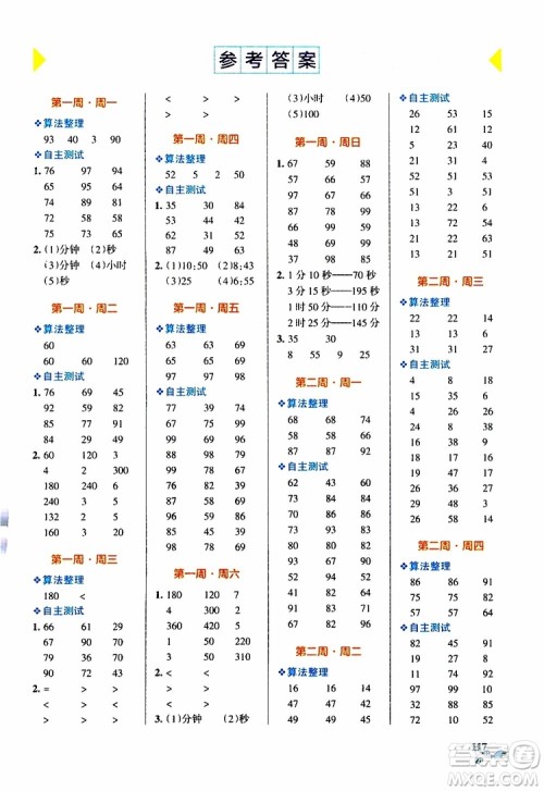 2019年PASS绿卡图书小学学霸天天计算三年级上RJ人教版参考答案