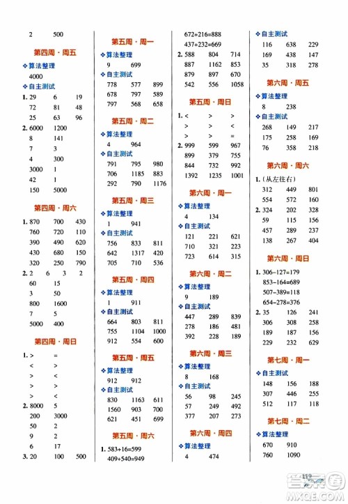 2019年PASS绿卡图书小学学霸天天计算三年级上RJ人教版参考答案