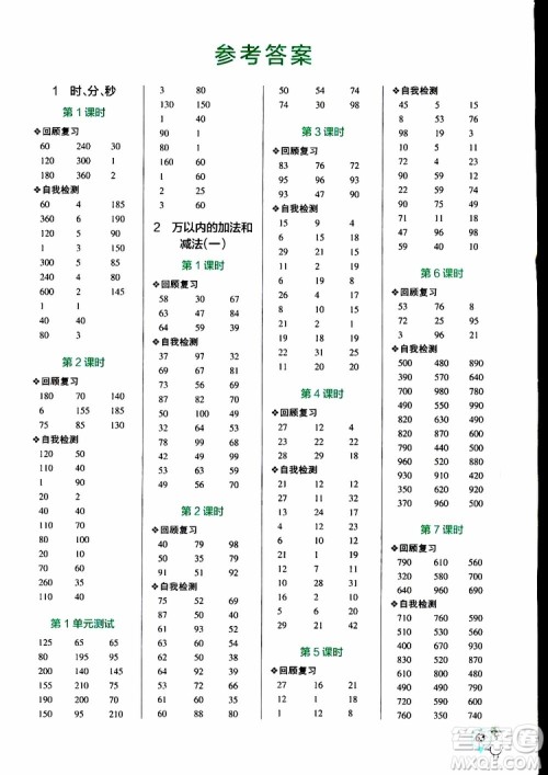 2019年PASS绿卡图书小学学霸口算三年级上RJ人教版参考答案