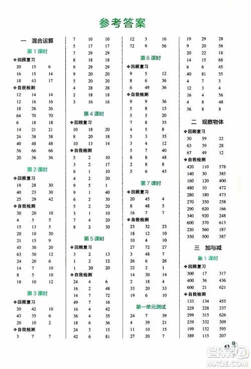 2019年PASS绿卡图书小学学霸口算三年级上BS北师版参考答案