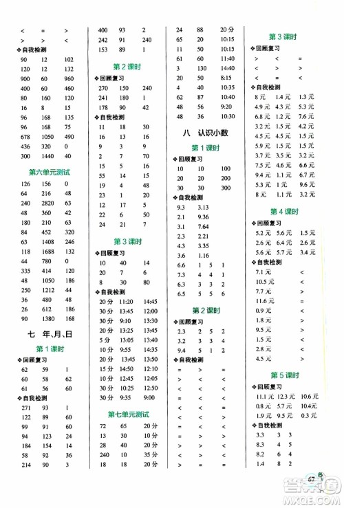 2019年PASS绿卡图书小学学霸口算三年级上BS北师版参考答案