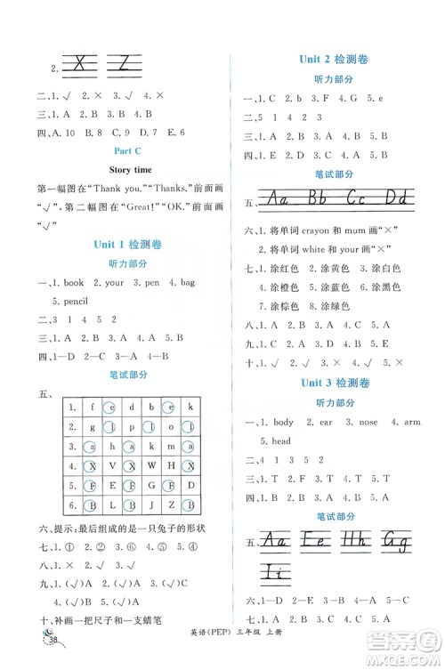 人民教育出版社2019年秋同步导学案课时练三年级英语上册人教版答案