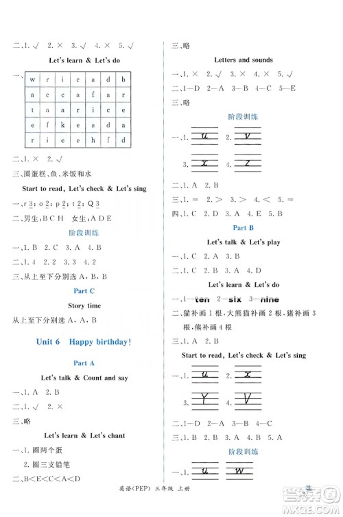人民教育出版社2019年秋同步导学案课时练三年级英语上册人教版答案