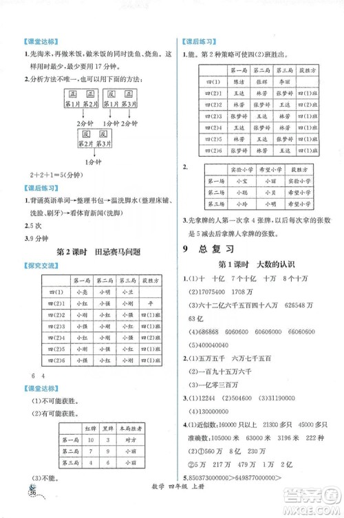 人民教育出版社2019同步导学案课时练四年级数学上册答案