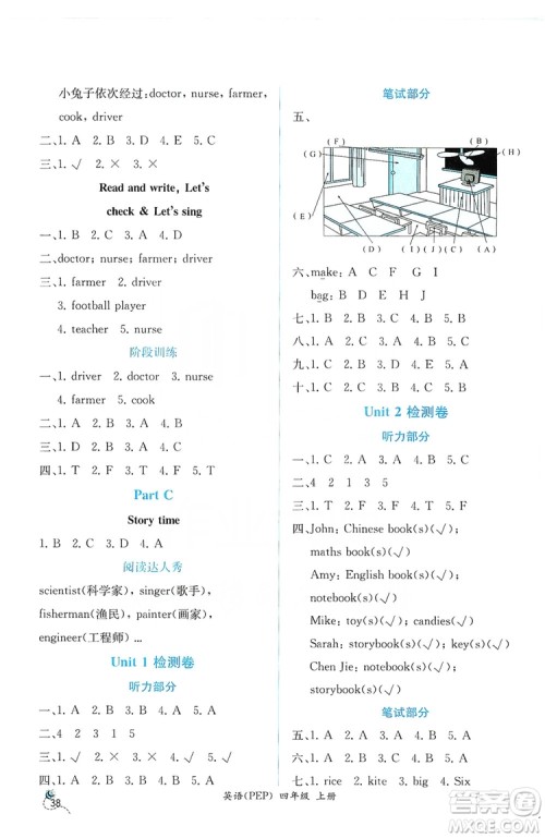 人民教育出版社2019同步导学案课时练四年级英语上册答案