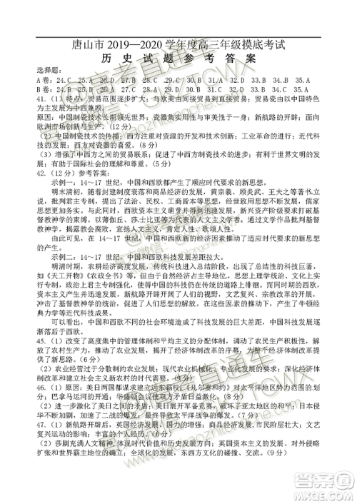 唐山市2019-2020学年高三年级摸底考试文科综合试题及答案 唐山市2019-2020学年高三年级摸底考试文科综合试题及答案