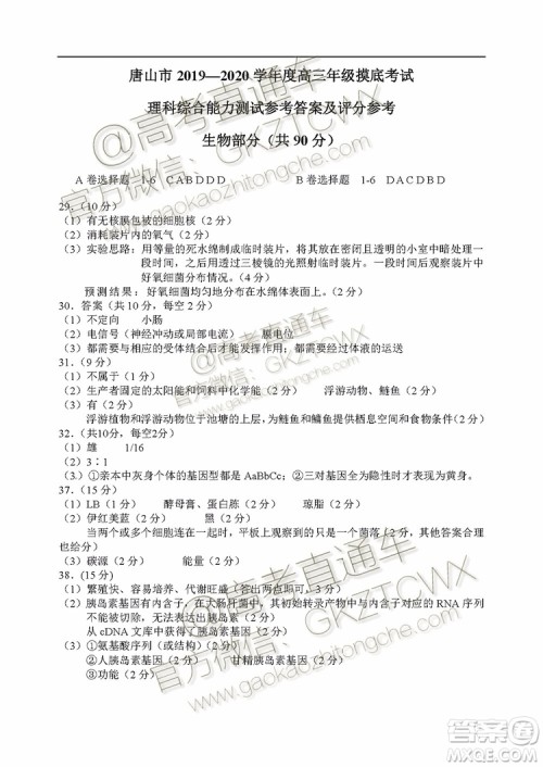 唐山市2019-2020学年高三年级摸底考试理科综合试题及答案