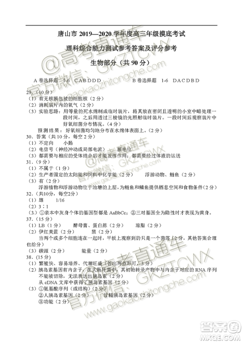唐山市2019-2020学年高三年级摸底考试理科综合试题及答案