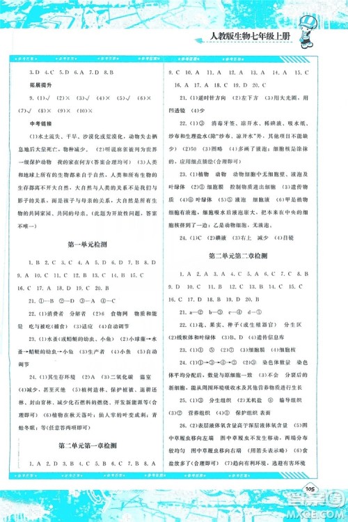 湖南少年儿童出版社2019课程基础训练七年级生物上册人教版答案