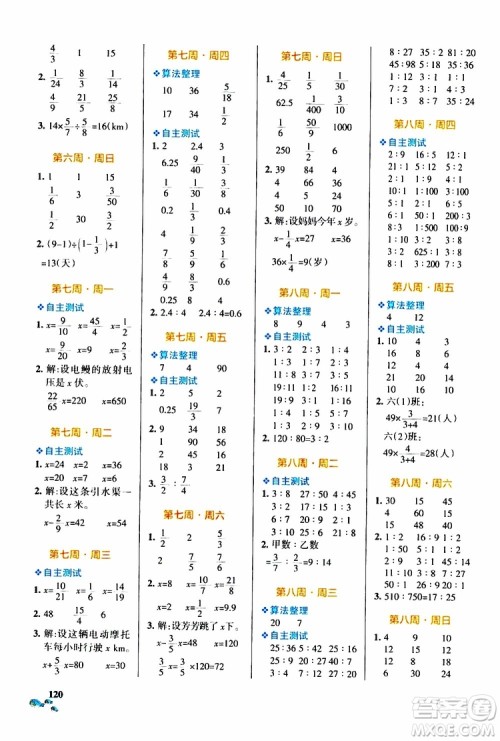 辽宁教育出版社2019年小学学霸天天计算六年级上册RJ人教版参考答案