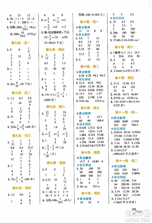 辽宁教育出版社2019年小学学霸天天计算六年级上册RJ人教版参考答案