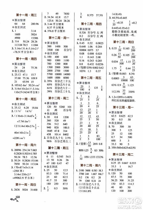 辽宁教育出版社2019年小学学霸天天计算六年级上册RJ人教版参考答案