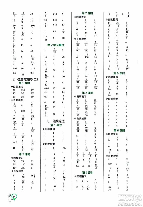 辽宁教育出版社2019年小学学霸口算六年级上册RJ人教版参考答案