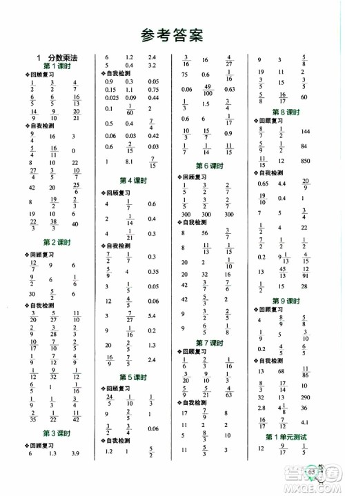 辽宁教育出版社2019年小学学霸口算六年级上册RJ人教版参考答案