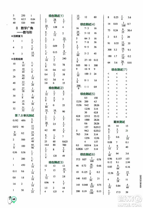 辽宁教育出版社2019年小学学霸口算六年级上册RJ人教版参考答案