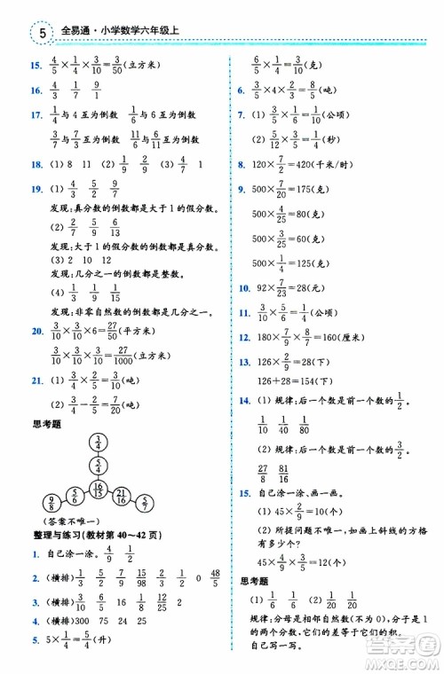 2019年秋全易通小学数学六年级上册SJ苏教版参考答案