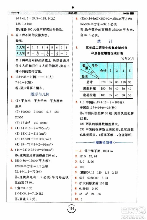 2019新版小学全易通五年级上册数学SJ苏教版参考答案