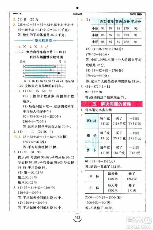 安徽人民出版2019年全易通小学数学四年级上SJ苏教版参考答案