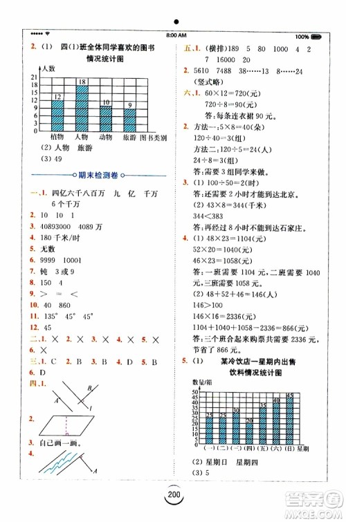 安徽人民出版2019年全易通小学数学四年级上RJ人教版参考答案