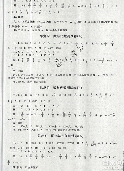 2019年名师点拨培优密卷六年级数学上册江苏版参考答案