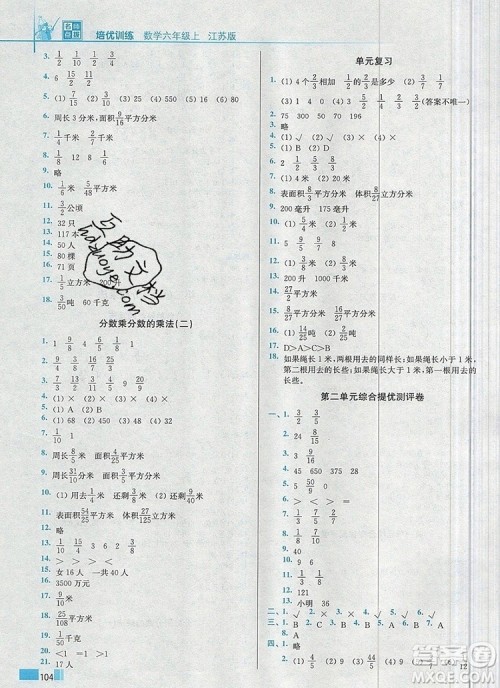 2019年名师点拨培优训练六年级数学上册江苏版参考答案