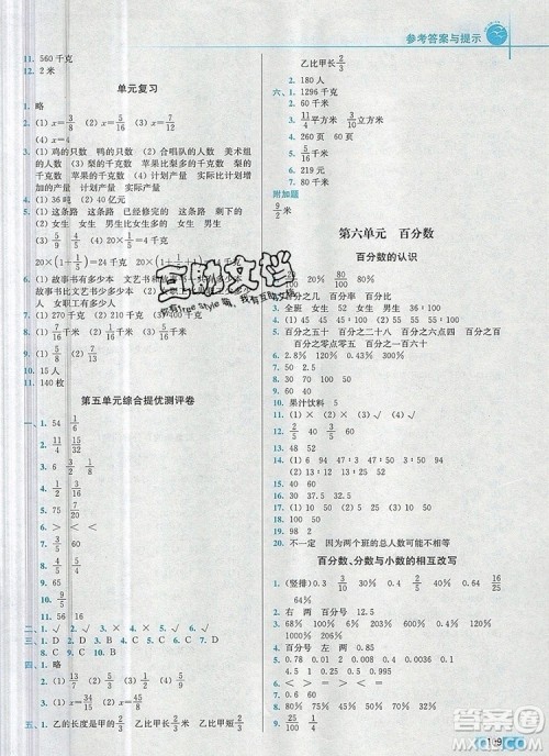 2019年名师点拨培优训练六年级数学上册江苏版参考答案