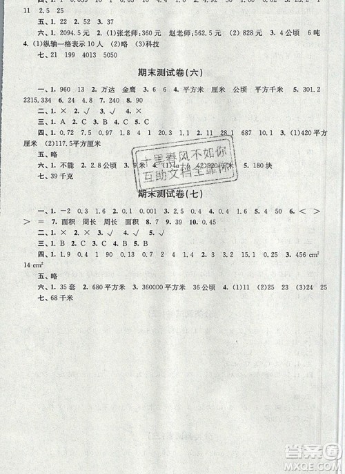 2019年名师点拨培优密卷五年级数学上册江苏版参考答案