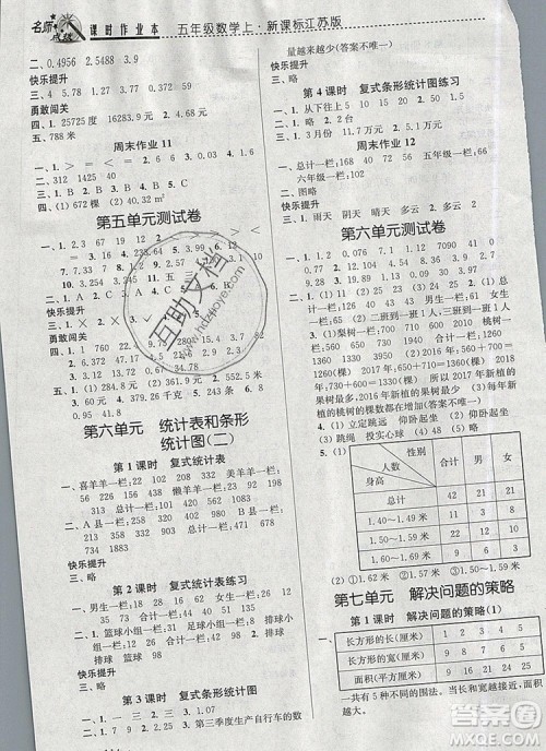 2019年名师点拨课时作业本五年级数学上册江苏版参考答案