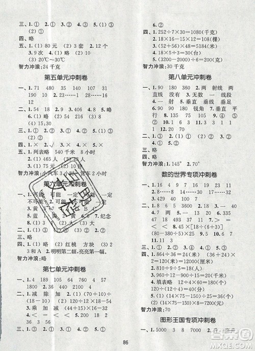 2019年名师点拨期末冲刺满分卷四年级数学上册参考答案