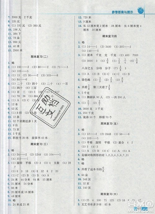 2019年名师点拨培优训练三年级数学上册江苏版参考答案 2019年名师点拨培优训练三年级数学上册江苏版参考答案