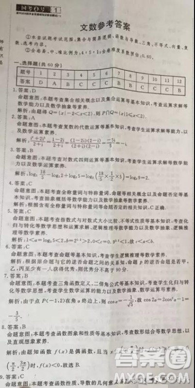 国考一号2020届高中毕业班测试文科数学答案