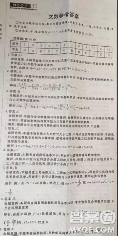 国考一号2020届高中毕业班测试文科数学答案